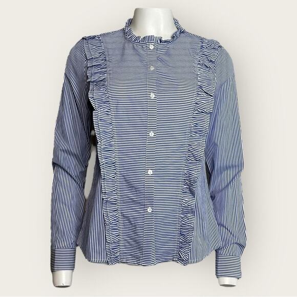 NWOT | Avec Les Filles | Stripe Button-Down Ruffle Top | Blue/White | Small - Picture 2 of 11